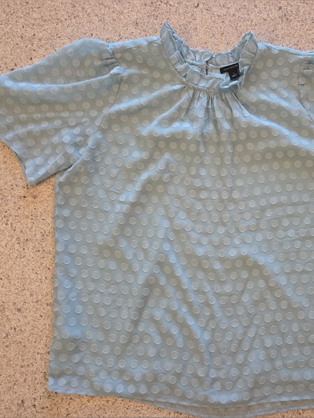 Ann Taylor Textured Polka Dot Ruffle Neck Women's Top Blouse Sz Small Sea Green